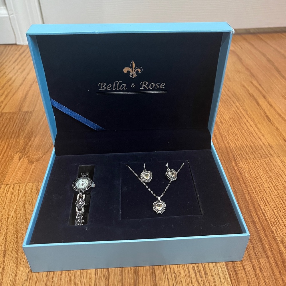 Bella & Rose Silver Heart Earring, Necklace, and Watch Set